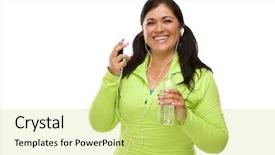  Presentation with music headphones - Beautiful slide set featuring music player headphones and water backdrop and a yellow colored foreground