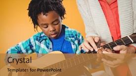  Presentation with learning - Presentation theme having music preschool education - boy learning how to play background and a gold colored foreground