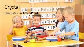  Presentation with music instruments - Beautiful PPT theme featuring music preschool education - teacher and three preschoolers playing backdrop and a blonde colored foreground