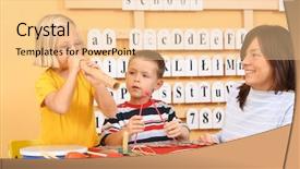  Presentation with music instruments - PPT theme with music preschool education - teacher and two preschoolers playing background and a lemonade colored foreground