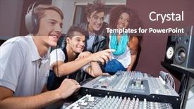  Presentation with audio mixing - Cool new presentation design with music prodution - multiethnic musicians mixing audio together backdrop and a violet colored foreground