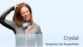  Presentation with gym - Amazing slides having music questions - middle age gym fit woman backdrop and a sky blue colored foreground