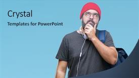  Presentation with young man on the phone - PPT theme having music questions - young hipster man wearing red background and a light blue colored foreground