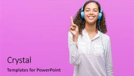  Presentation with arabian woman wearing hijab muslim - Slide deck consisting of music questions - young hispanic woman wearing headphones background and a  colored foreground