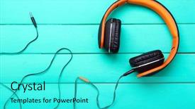  Presentation with headphones - PPT layouts consisting of music recording - headphones on wooden background background and a  colored foreground