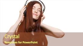  Presentation with white and black woman climbing ladders - Slide set consisting of music red - attractive smiling woman with headphones background and a  colored foreground