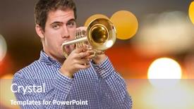  Presentation with city night - Audience pleasing PPT layouts consisting of music saxofon - young man blowing trumpet backdrop and a seafoam green colored foreground