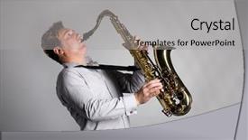  Presentation with young children playing - PPT theme having music saxofon - young musician plays the saxophone background and a  colored foreground