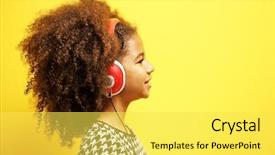  Presentation with yellow music - Presentation theme featuring music singing - afro-american little girl with headphones background and a yellow colored foreground