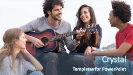  Presentation with community service happy volunteer group - Audience pleasing slide set consisting of music singing - group of happy friends backdrop and a ocean colored foreground