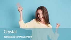  Presentation with headphones - Colorful theme enhanced with music singing - young beautiful woman with headphones backdrop and a teal colored foreground