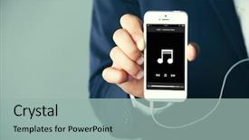  Presentation with music - Audience pleasing presentation design consisting of music smartphone in businessman hand on grey background backdrop and a mint green colored foreground