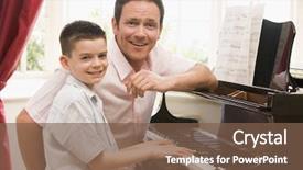  Presentation with piano - Audience pleasing theme consisting of music teach - man and young boy playing backdrop and a tawny brown colored foreground