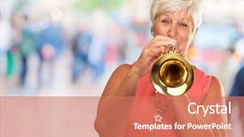  Presentation with trumpet - Slides having music teacher - mature woman blowing her trumpet background and a coral colored foreground