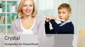  Presentation with flute - Theme featuring music teacher - portrait of happy pupil playing background and a light gray colored foreground