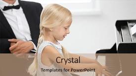  Presentation with play - Colorful PPT theme enhanced with music teacher - young man teaching little girl backdrop and a coral colored foreground