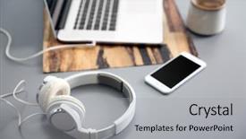  Presentation with music headphones - Cool new presentation with music technology - headphones phone and laptop backdrop and a light gray colored foreground