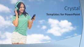  Presentation with blue music - PPT theme having music technology and people concept - happy teenage girl in headphones with smartphone over blue sky and clouds background background and a light blue colored foreground