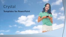  Presentation with blue music - Audience pleasing slides consisting of music technology and people concept - happy teenage girl in headphones with smartphone over blue sky and clouds background backdrop and a teal colored foreground