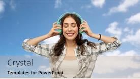  Presentation with blue music - Cool new theme with music technology and people concept - happy young woman or teenage girl with headphones over blue sky and clouds background backdrop and a coral colored foreground