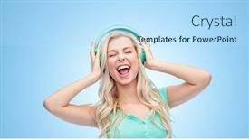  Presentation with blue music - PPT layouts with music technology and people concept - happy young woman or teenage girl with headphones singing song over blue background background and a sky blue colored foreground