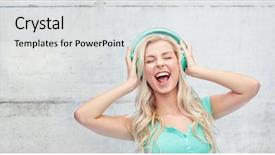  Presentation with music singing - Cool new theme with music technology and people concept - happy young woman or teenage girl with headphones singing song over gray concrete wall background backdrop and a light gray colored foreground