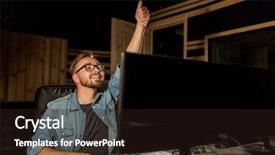  Presentation with recording studio mixing console - Cool new PPT theme with music technology gesture and people backdrop and a wine colored foreground