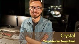  Presentation with recording studio mixing console - Colorful slide deck enhanced with music technology people and equipment backdrop and a tawny brown colored foreground