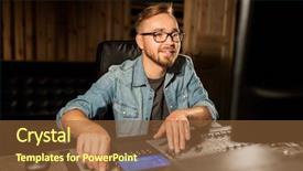  Presentation with recording studio mixing console - Beautiful PPT theme featuring music technology people and equipment backdrop and a  colored foreground