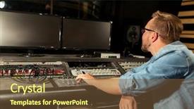  Presentation with recording studio mixing console - Cool new slide deck with music technology people and equipment backdrop and a tawny brown colored foreground