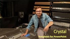  Presentation with recording studio mixing console - Presentation design with music technology people and equipment background and a tawny brown colored foreground