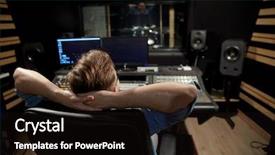  Presentation with recording studio mixing console - Audience pleasing slide deck consisting of music technology people and equipment backdrop and a wine colored foreground