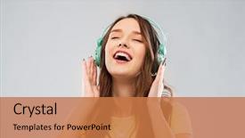  Presentation with music headphones - Slide deck with music technology and people concept background and a coral colored foreground