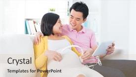  Presentation with asian music - PPT layouts having music therapy - pregnant woman putting headphones background and a lemonade colored foreground