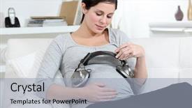  Presentation with music therapy - Amazing theme having music therapy - pregnant woman putting headphones backdrop and a light blue colored foreground