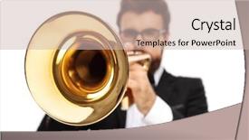  Presentation with trumpet - Cool new slide set with tuba - trumpet player isolated on white backdrop and a soft green colored foreground