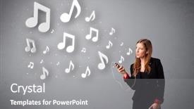  Presentation with listening woman - Cool new PPT theme with music with musical note backdrop and a  colored foreground