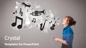  Presentation with listening woman - Amazing PPT theme having music with musical note backdrop and a gray colored foreground