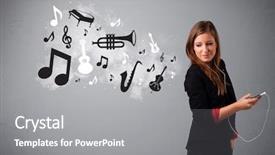  Presentation with listening woman - Beautiful PPT layouts featuring music with musical note backdrop and a  colored foreground