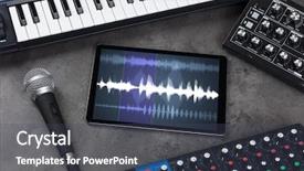  Presentation with electronic music - PPT theme consisting of music with tablet and electronic background and a dark gray colored foreground