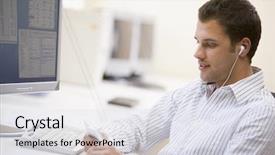  Presentation with computer based test - PPT layouts having music work - man in computer room listening background and a light gray colored foreground