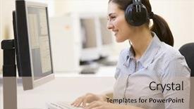  Presentation with computer room - Audience pleasing theme consisting of music work - woman wearing headphones in computer backdrop and a soft green colored foreground