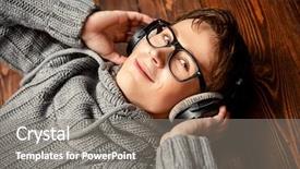  Presentation with music headphones - Amazing slide deck having musica pop - happy young man listens backdrop and a gray colored foreground