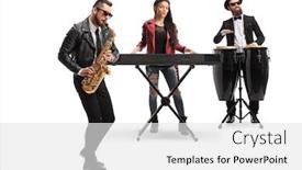  Presentation with band - Cool new slide deck with musical-band-with-a-male backdrop and a white colored foreground