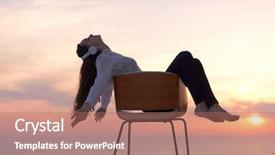  Presentation with music headphones - Slide deck enhanced with musical chair - happy young woman enjoy sunset background and a coral colored foreground