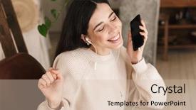  Presentation with music singing - Presentation theme with musical chair - photo of adorable caucasian woman background and a soft green colored foreground