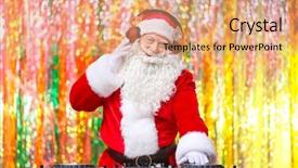  Presentation with festival music band hands playing - Slide set having musical characters - dj santa claus playing music background and a coral colored foreground