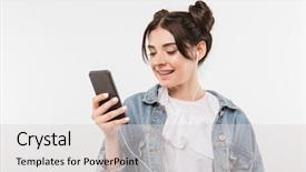  Presentation with listening woman - Amazing PPT layouts having musical doubles - image of european woman backdrop and a light gray colored foreground