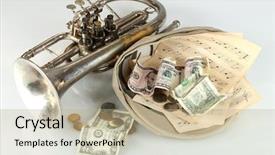  Presentation with musical instrument - Cool new slides with musical instrument with money isolated on white backdrop and a coral colored foreground