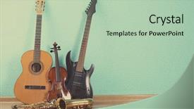  Presentation with turquoise music - Audience pleasing slide set consisting of musical instruments on turquoise wallpaper backdrop and a mint green colored foreground